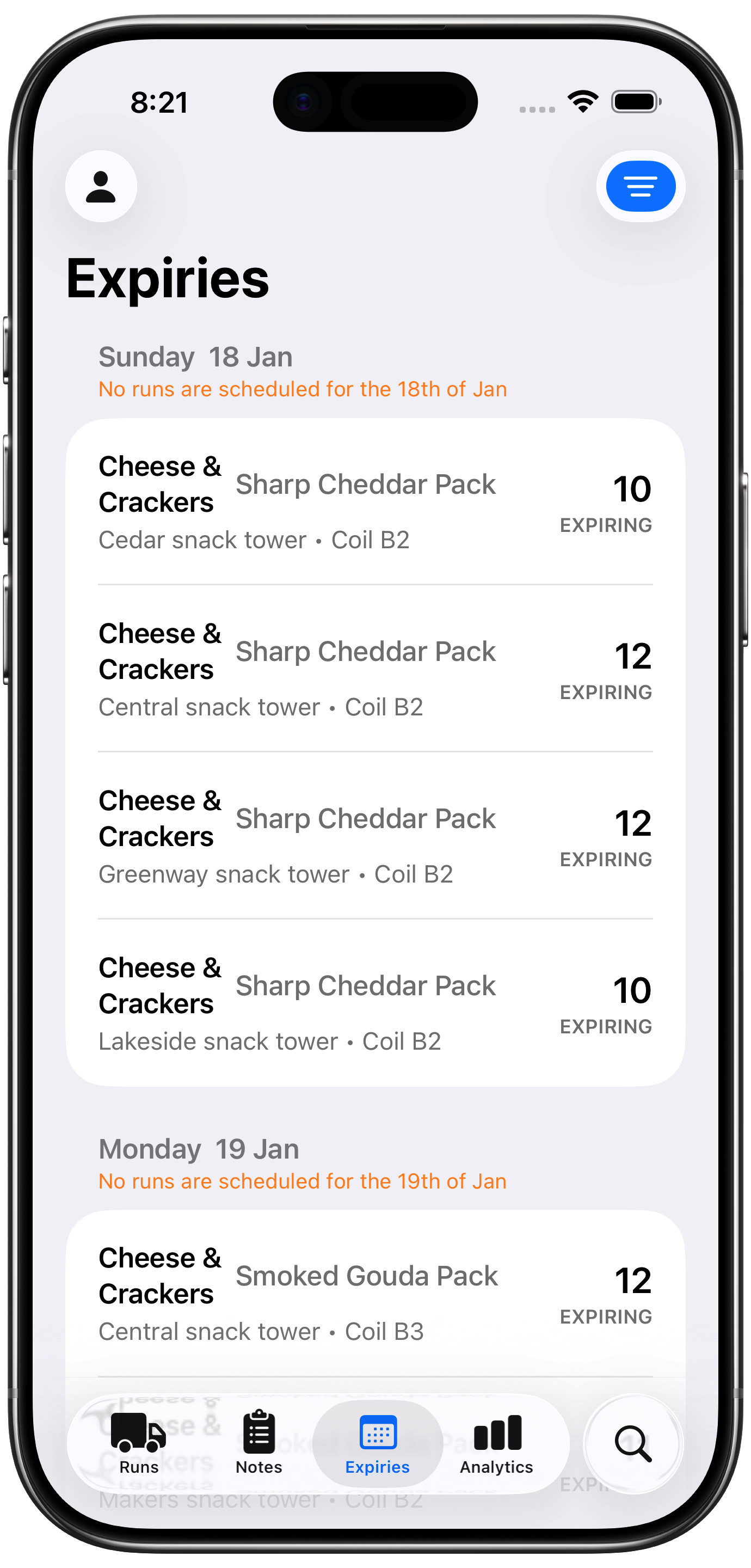 Picker Agent expiries screen