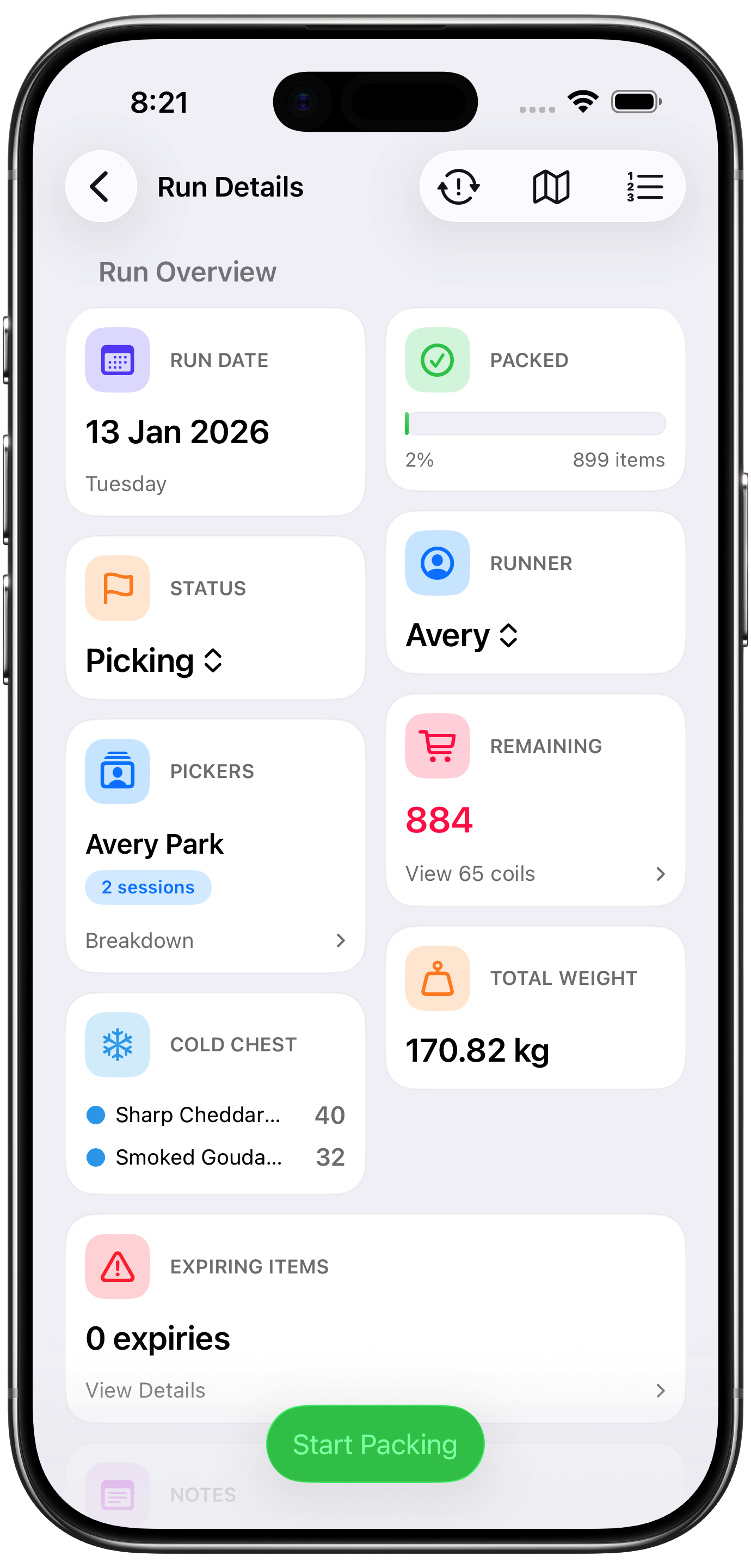 Picker Agent packing status screen